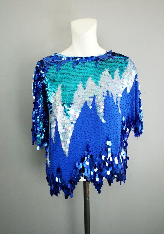 1970s Blue Sequin Top by Swee Lo - Beaded Sequin C