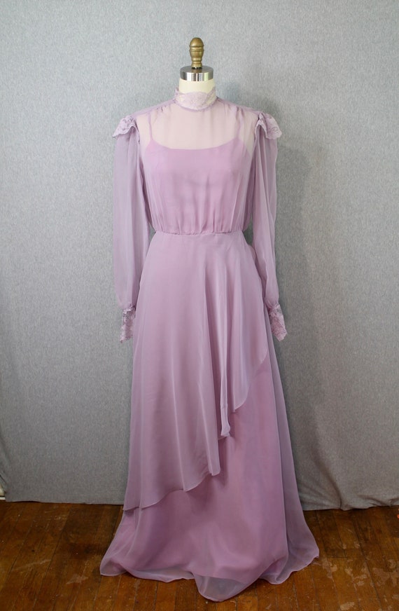 1970s Lavender Lace Evening Dress - Cocktail Dress