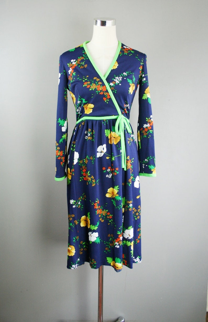 1970 Keram Nylon Knit Navy floral Print, Trimmed in bright Green image 1