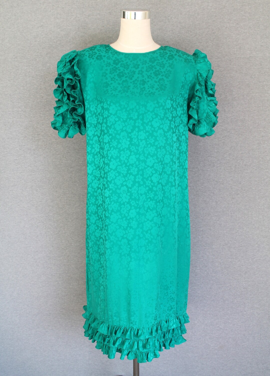 1980s Silk Kelly Green Ruffles Puff Sleeve by Collections by Michelle ...