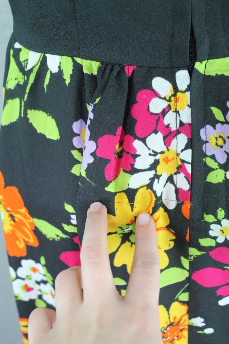 1970s Black Floral Hostess Dress, Mockneck, Maxi, Summer Size XS/S image 6