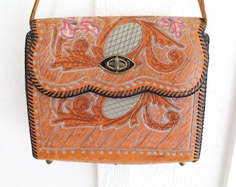 Couro trabalhado - 1940-50s - Vintage - Western - Cowgirl - Bolsa - Bolsa de mão