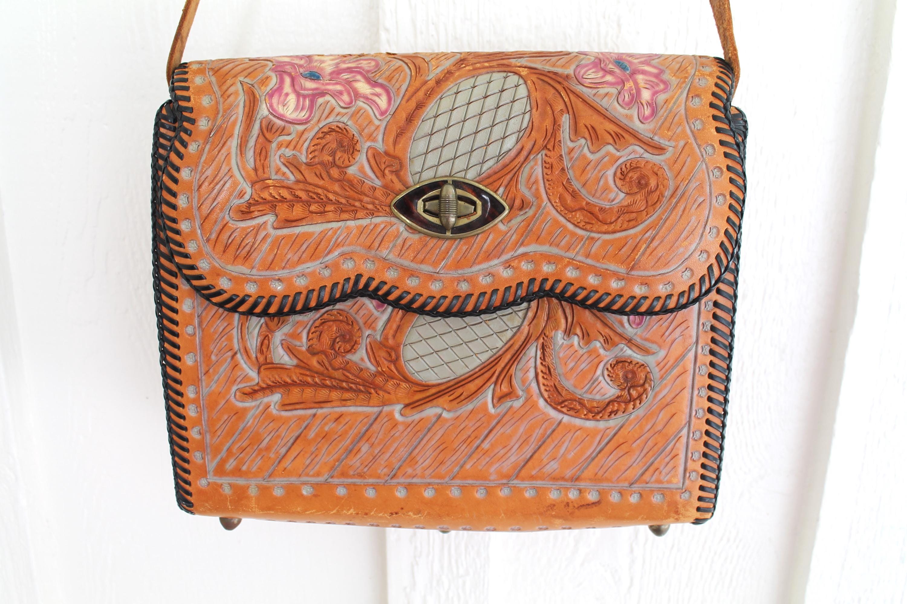 小物 Late 1940s to early 1950s Western style Tooled Leather -1940-50s - Vintage - Western - Cowgirl - Purse