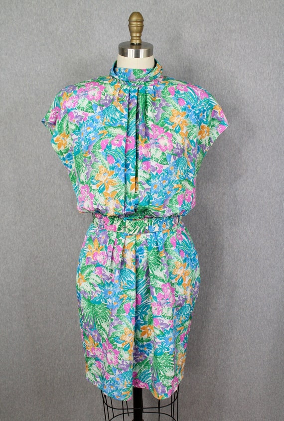 1980s 80s - Floral Shirtdress - Mockneck - Busines
