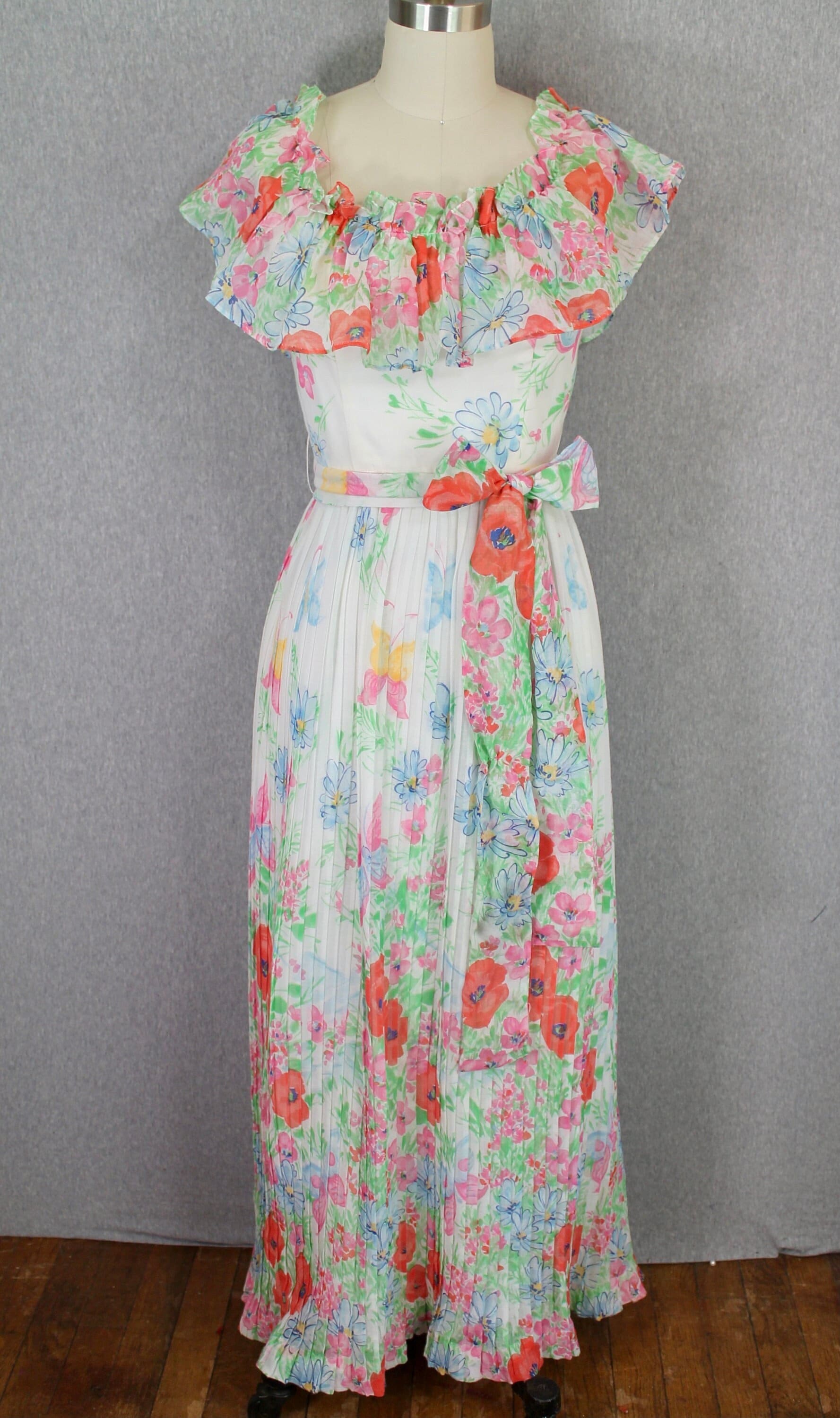 1960S-70S Floral Maxi Dress - Accordian Ruffle Spring Pastels Summer Sundress