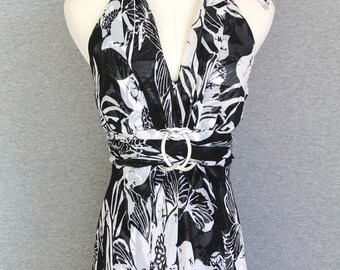 White House / Black Market - Black and White Floral - Halter - Cocktail Gown - Party Dress - Marked size 8
