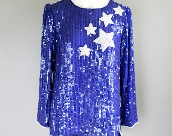 1980s Royal Blue Sequined Top by Judith Ann Creations- Patriotic Beaded Blouse- Size Small