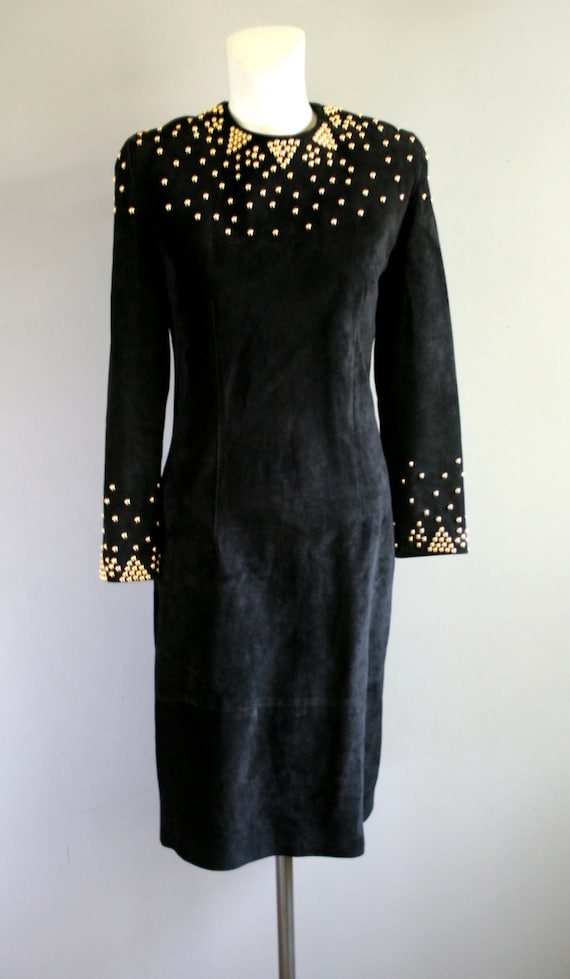 Pia Rucci Black Suede Cocktail Dress - Gold Studded Modern Sheath- Size 10 Pia Rucci Black Suede Cocktail Dress - Gold Studded Modern Sheath- Size 10