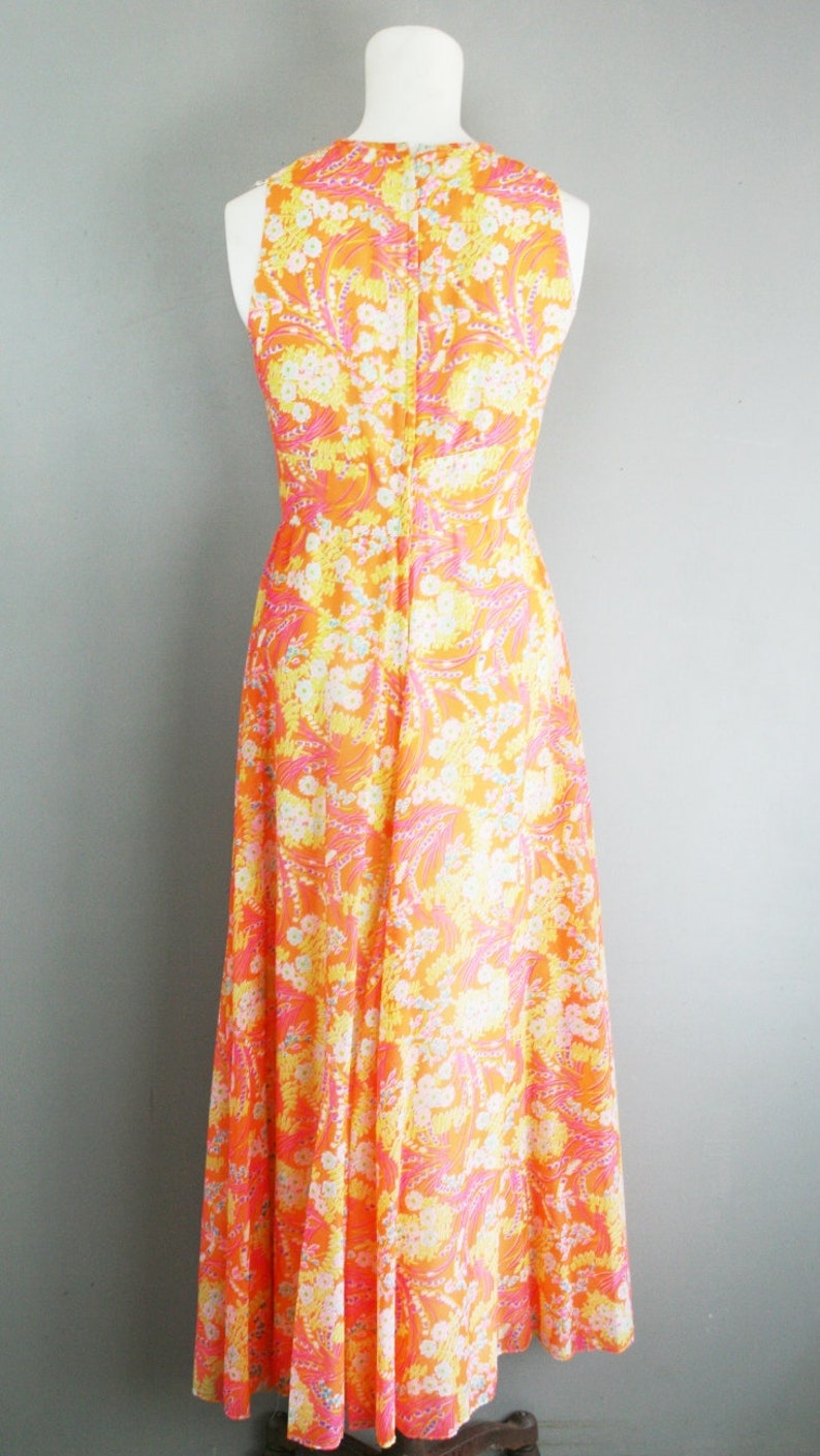 Orange Hot Pink Turquoise 1970's Chiffon Party Dress Estimated size 4-6 image 4