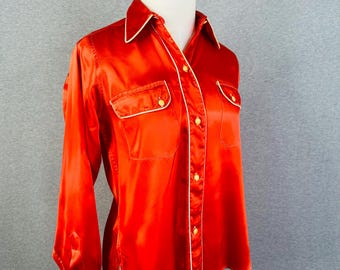 H Bar C - 1940s - RARE - Collectable - Red Rayon -Western Shirt - Bakelite Buttons - Marked size 34