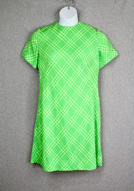 1970 70s - Plaid Sheath Dress - Neon Green - Mid C