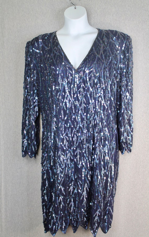 1980s Silky Nites - Navy Blue Sequin Dress - Flapp