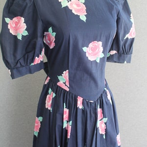1980s Puff Sleeve Tea Dress Cotton Navy Blue /Floral by Eber image 2