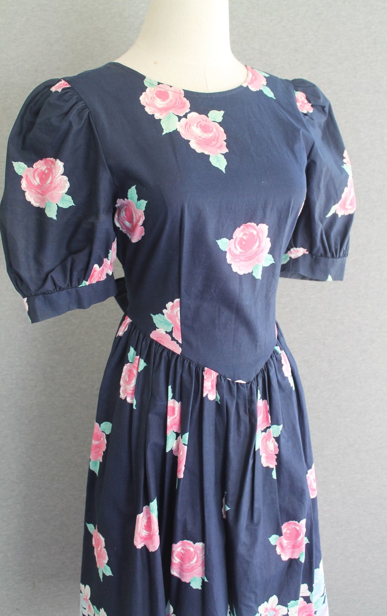 1980s Puff Sleeve Tea Dress Cotton Navy Blue /Floral by Eber image 2