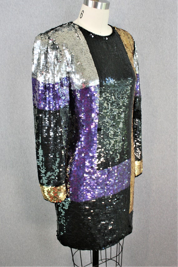 1980-90s - Sequined Cocktail Dress - Mini - Color… - image 2