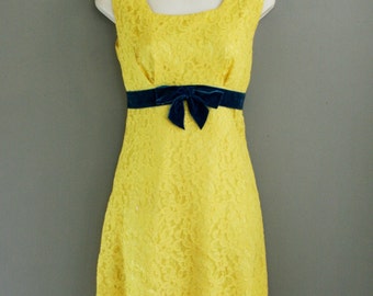 Canary Yellow - 1960's -  Lace Mini - Royal blue velvet - Mod - Retro Hipster - Cocktail - Party Dress