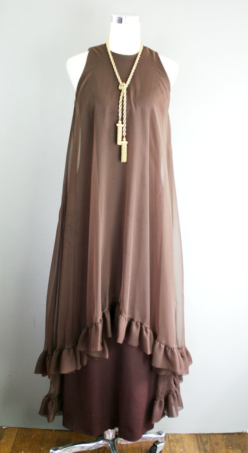 1970s Brown Chiffon Evening Gown by Coco of California Formal, Black Tie Party Dress image 2