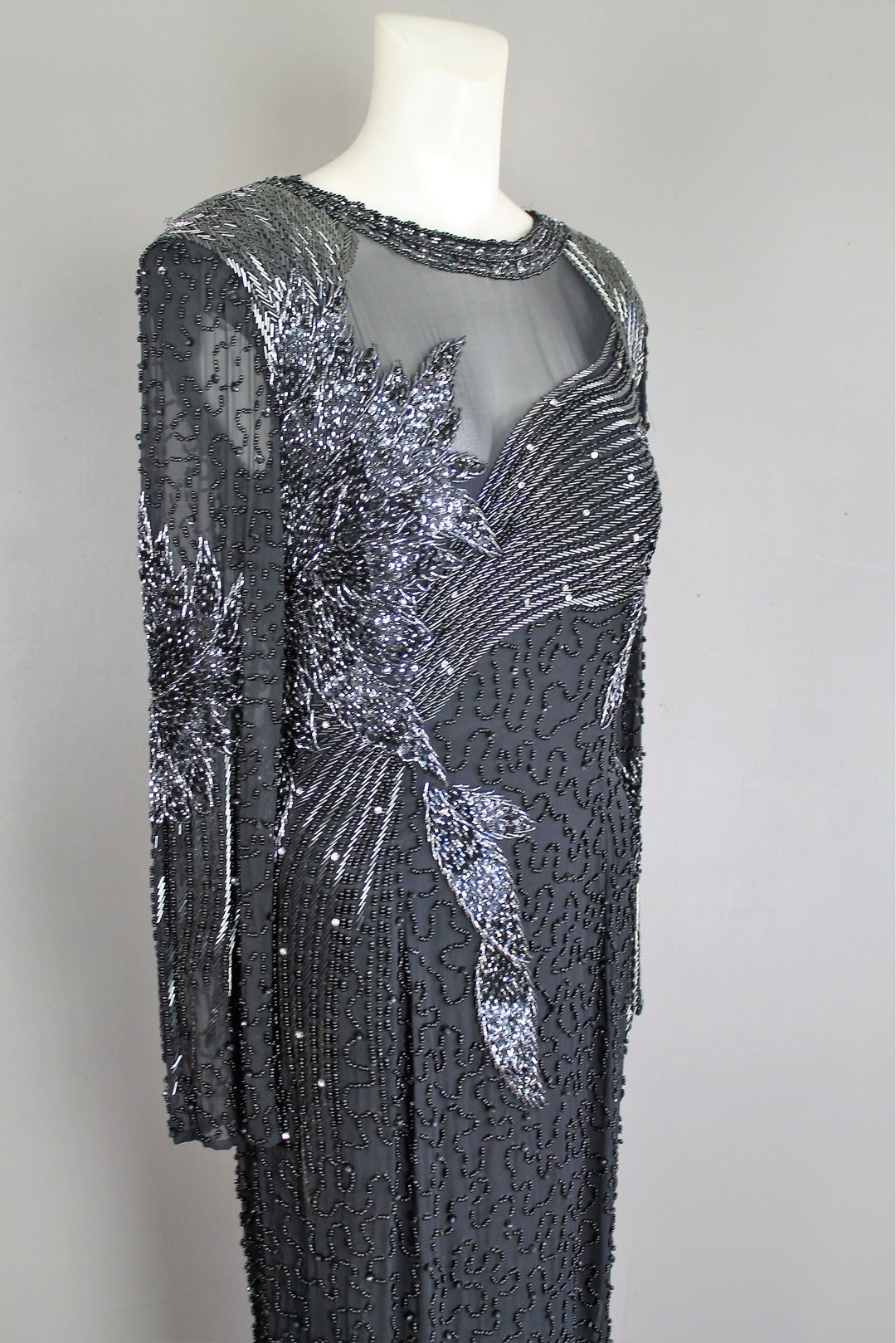 beaded black tie dress Vintage Oleg Cassini Black Tie Dress, With Beads, Sequins And Back Slit Size 8