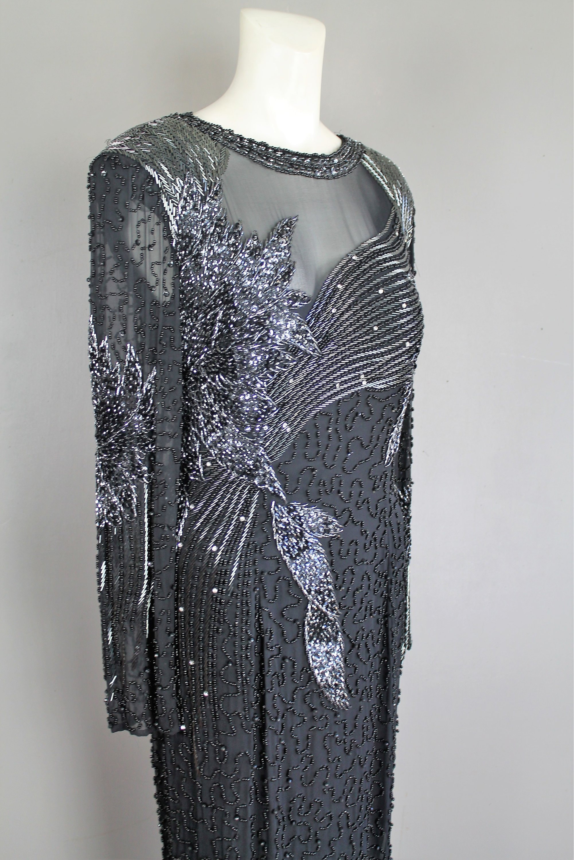 Beaded Cocktail Dress - Black Tie - Beaded - Sequin - Rhinestone -Black - Gunmetal beading - Black Beading - Estimated size 12