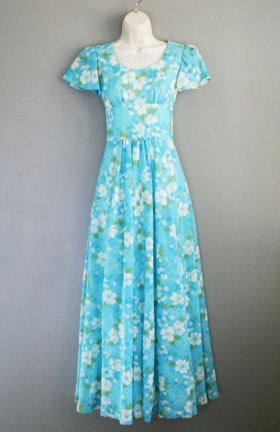 1970 -Blue  Floral Chiffon - Party Dress - Boho -… - image 1