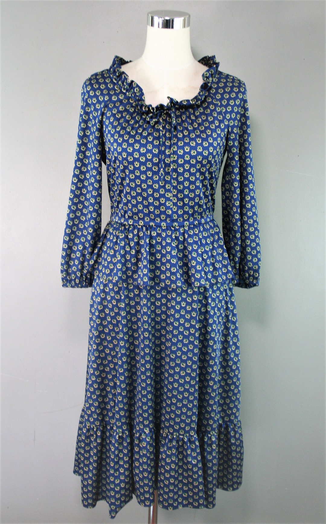 Cheekaberry Circa 1970's Shirtwaist Peasant Dress Peplum Navy Blue ...