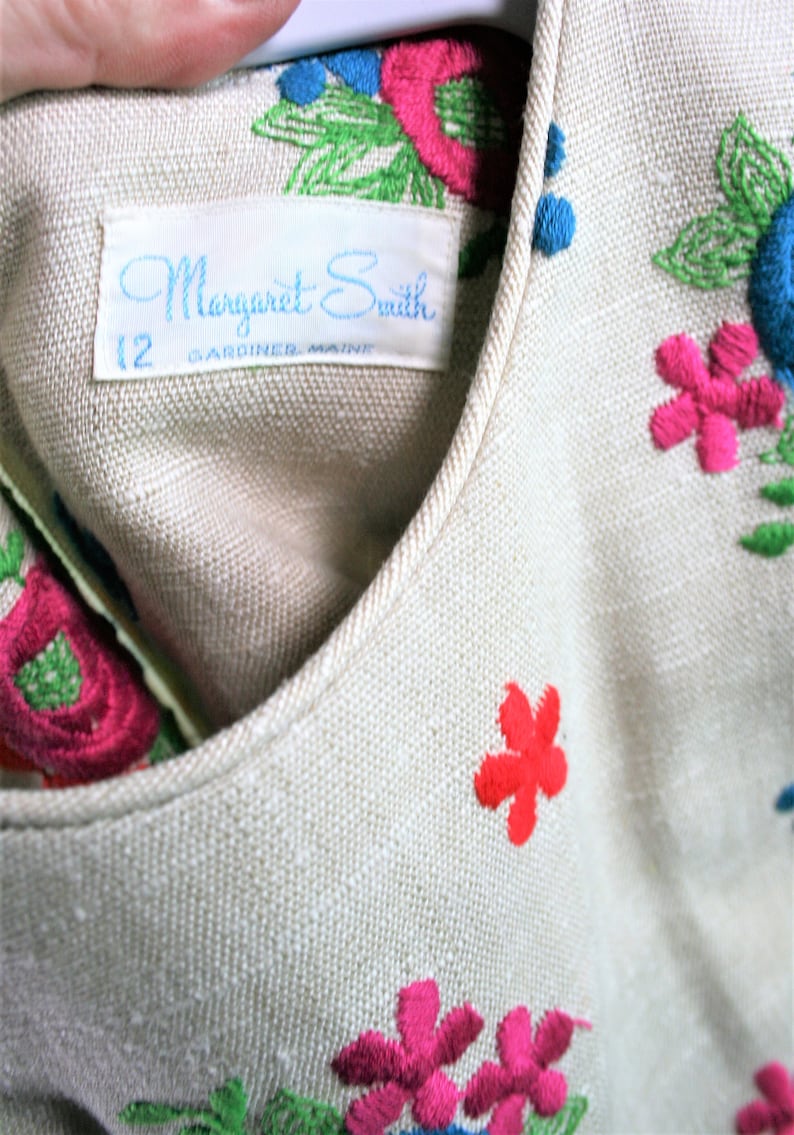 by Margaret Smith Marked size 12 Circa 1970s Embroidered Linen Sheath