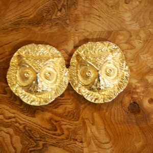May include: Two gold-colored owl-shaped decorative elements. The owls have detailed features, including large eyes and textured feathers. They are set against a warm-toned, patterned wooden surface.