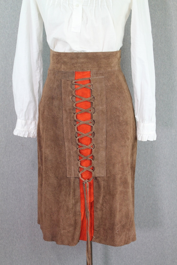 1970s Lace up Suede Leather Skirt High Waisted Hippie Boho Midi