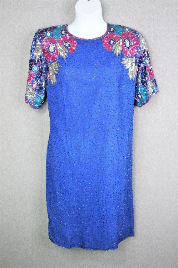1980-90's - Blue Beaded Sequin- Cocktail Dress -Mardi Gras - by Stenay - Marked size 20