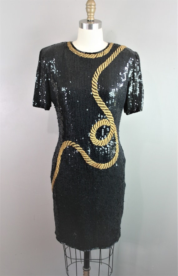 1980s STENAY - Black Beaded Cocktail Dress - Sequi