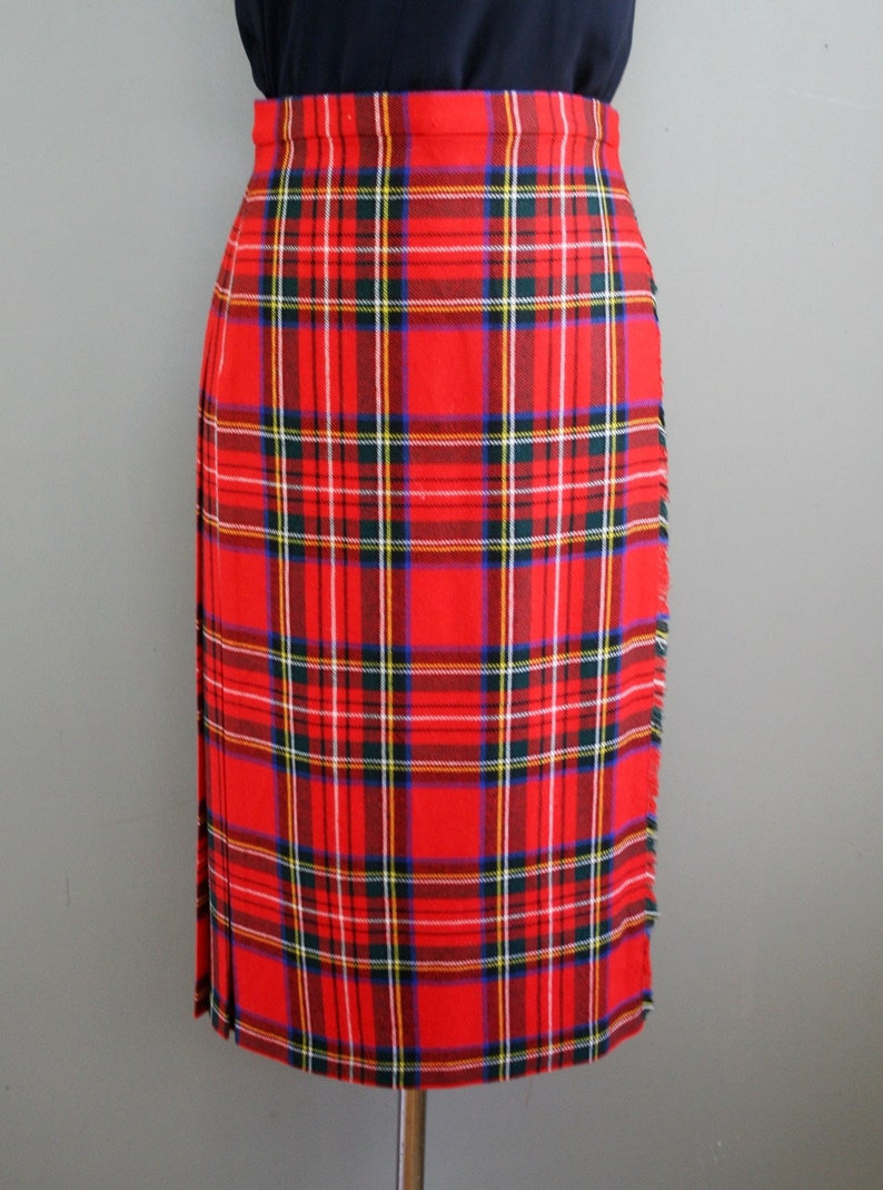 Wool Plaid Wrap Skirt Flat Front Pleated Black Kilt Etsy