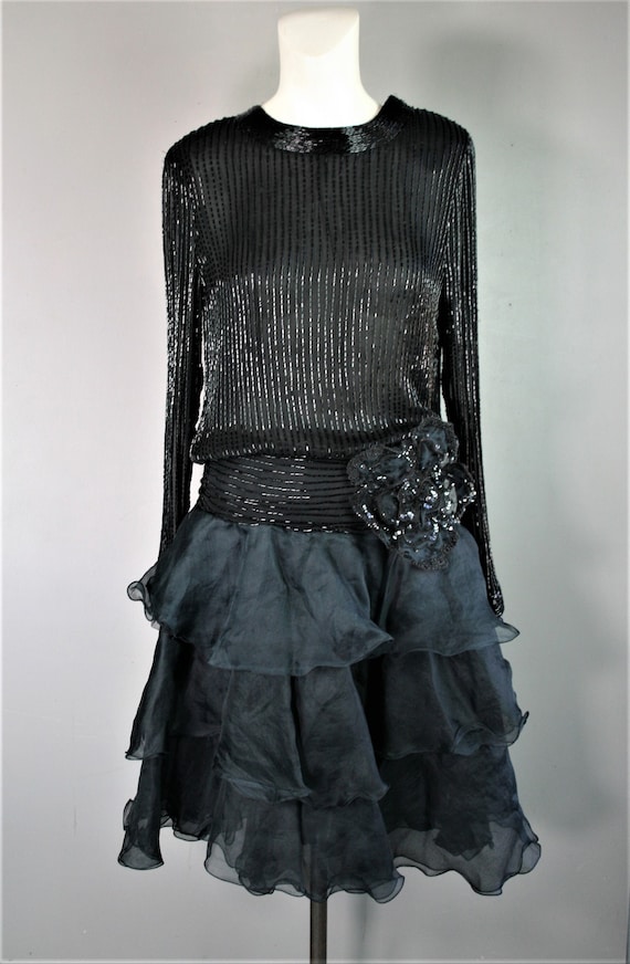 Black Beaded - Cocktail Party Dress - Drop Waist - Beading on Silk -  Ruffled Skirt - by Creative Creations - Marked M - Etsy