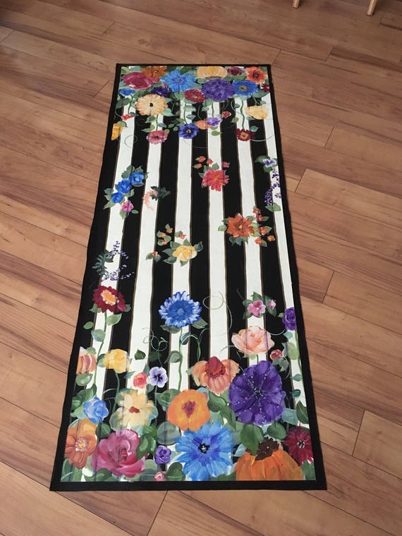Black White Floral Kitchen Rug Hand Painted Non Slip Etsy