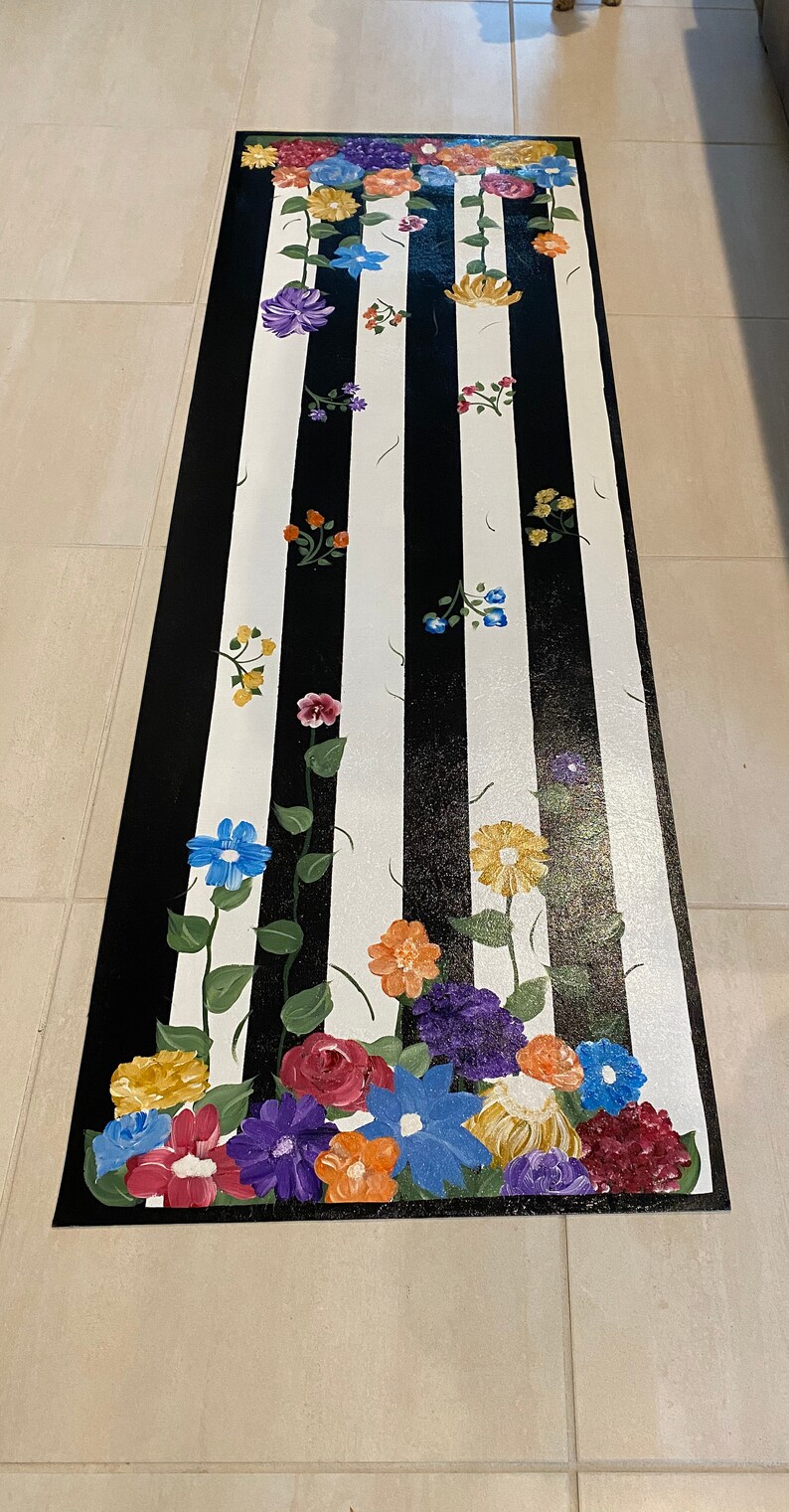 Black White Floral Kitchen Rug Hand Painted Non Slip Etsy