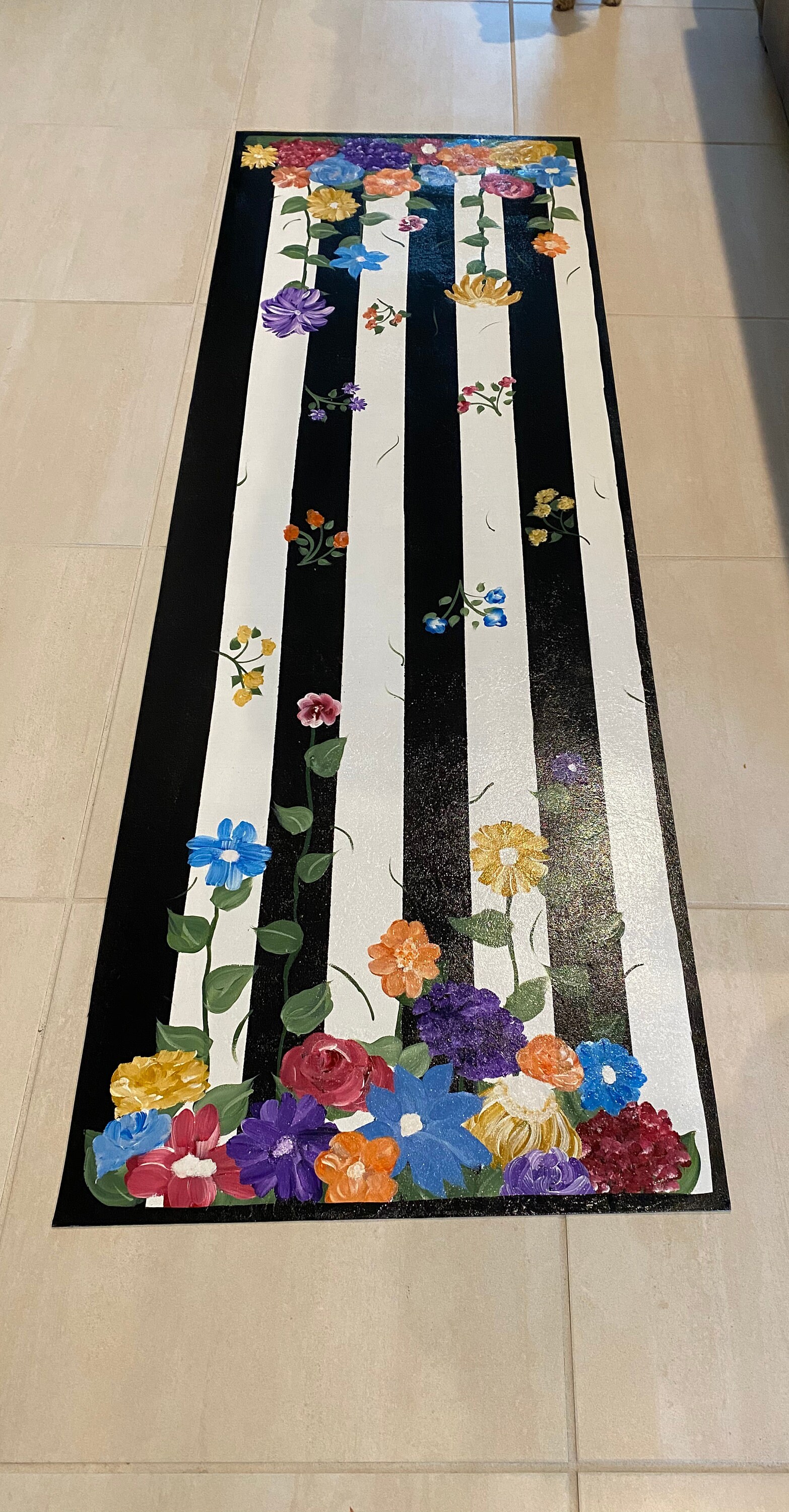 Black White Floral Kitchen Rug Hand Painted Non Slip Etsy