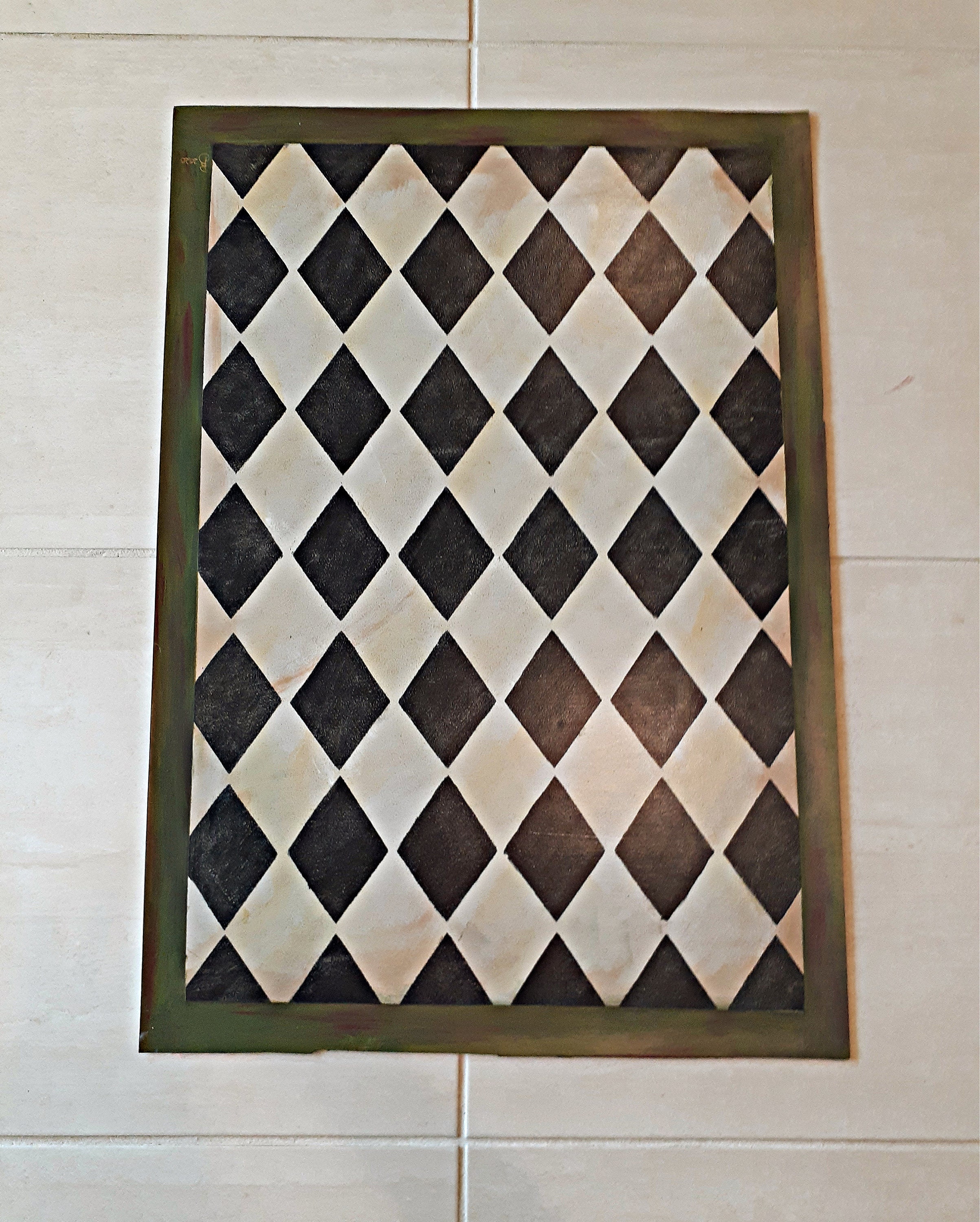 Harlequin Pattern Floor Cloth Rug Vinyl Mat Black Tan Etsy