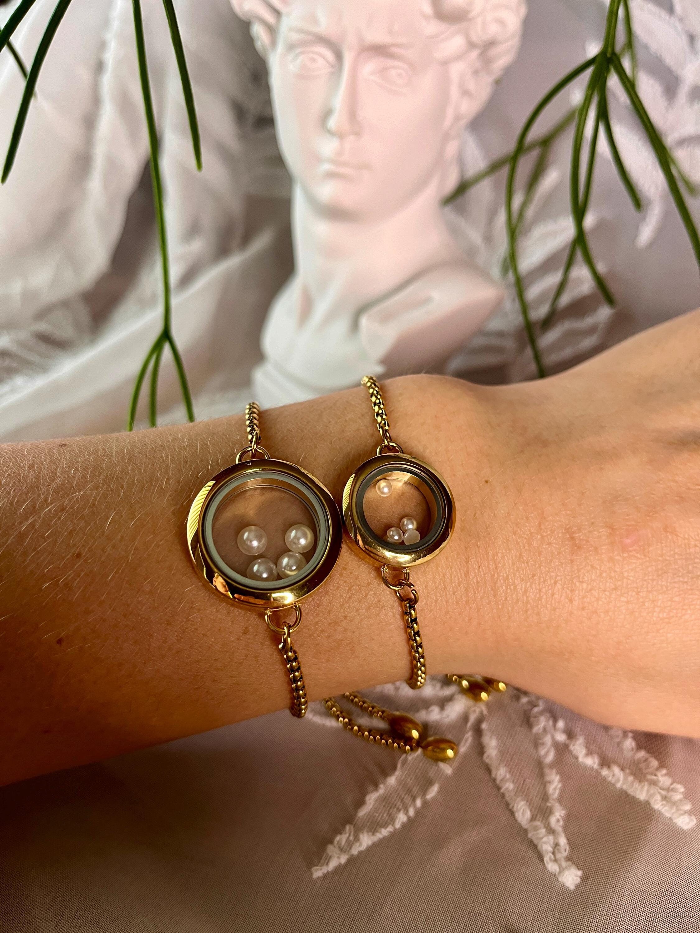 Gold Glass Floating Locket Adjustable Stainless Bracelet Keepsake