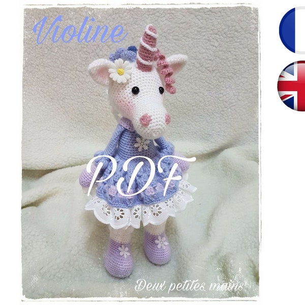 Crochet tutorial pattern Violine-Licorne-Amigurumi French English Version-PDF-Email delivery