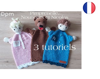 3 TUTORIELS, Marionnette Nounours, Nicolas et Pimprenelle Amigurumi/Crochet Pattern-Français/Anglais Version-PDF-Email livraison