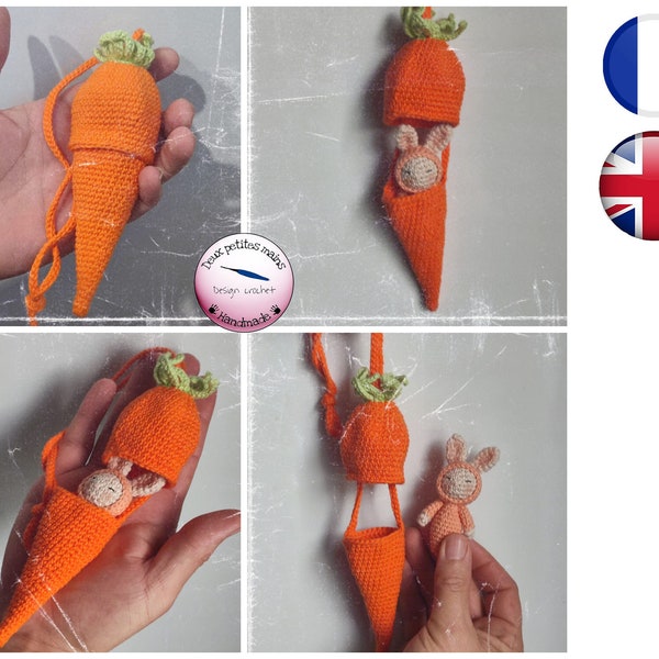 Pattern tutorial Crochet Carrot pendant and its rabbit Amigurumi French English Version-PDF-Email delivery