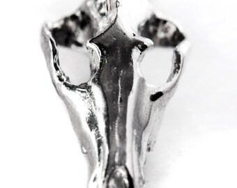 May include: A silver-colored animal skull pendant, with a detailed and realistic design. The skull is small and delicate, with a pointed snout and prominent eye sockets.