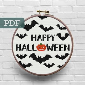 Happy Halloween Cross Stitch Pattern - Bat Cross Stitch Pattern - Creepy Spooky Cross Stitch Pattern - Pumpkin Cross Stitch Pattern - Gothic