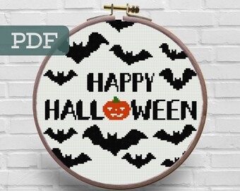 Happy Halloween Bat & Pumpkin Cross Stitch Pattern (PDF)