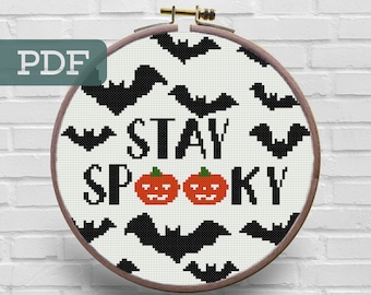 Stay Spooky Halloween Cross Stitch Pattern – Pumpkin & Bats (PDF Pattern)