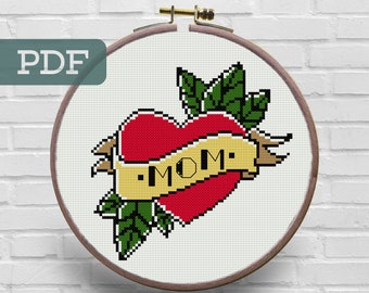 Old School Mom Tattoo Cross Stitch Pattern PDF - I Love Mom Cross Stitch Pattern - Mother&#39;s Day Cross Stitch Pattern - Traditional Tattoo