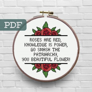 Roses Are Red Punch The Patriarchy Cross Stitch Pattern - Feminist Cross Stitch - Snarky Cross Stitch - Subversive Cross Stitch