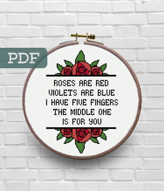 Roses Are Red Middle Finger Cross Stitch Pattern - Rude Cross 