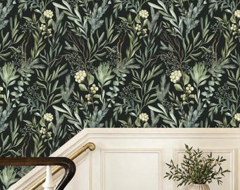 Green Natural Leaves Wallpaper, Removable Peel and Stick Prepasted, Black Cottagecore Decor, Dark Vintage Botanical Wallpaper Moody Bathroom