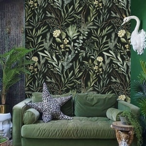 Green Natural Leaves Wallpaper, Removable Peel and Stick Prepasted, Black Cottagecore Decor, Dark Vintage Botanical Wallpaper Moody Bathroom