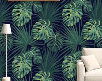 Fern Green Sabal Palm Monstera Leaf Wallpaper, Removable Peel and Stick Prepasted, Dark Tropical Decor, Botany Wallpaper for Industrial Home